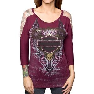 Harley-Davidson Women Burgundy B&S Lace Mesh Scoop Neck 3/4 Sleeve T-Shirt L